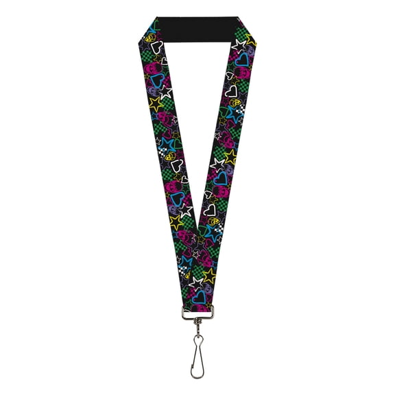 Buckle-Down Lanyard, Sketch Skull Star Heart Checker Black Multi Color, Elastic