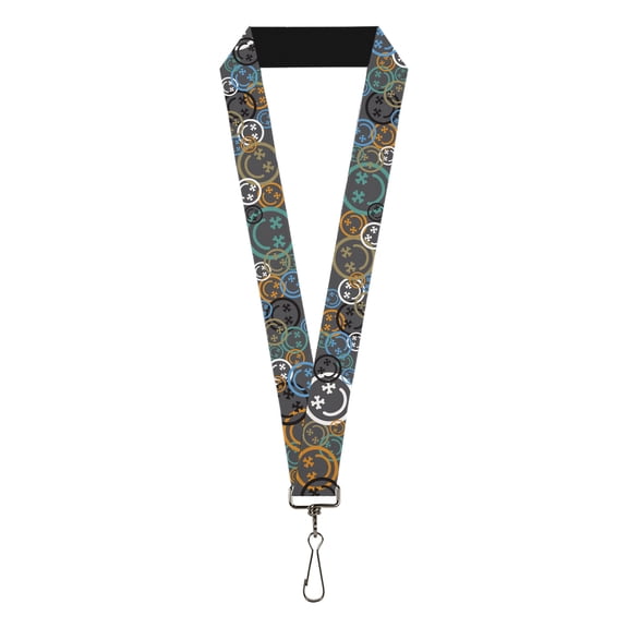 Buckle-Down Lanyard, Smiley Face Crossbones Stacked Gray Multi Color, Elastic