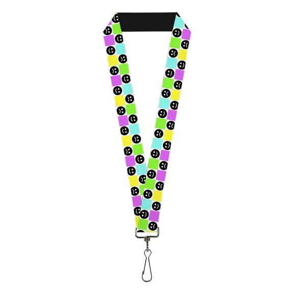 Buckle-Down Lanyard, Smiley Sad Face Checker Multi Color White, Elastic
