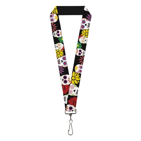 Buckle-Down Lanyard, Sugar Skulls Flowers Black Multi Color, Elastic
