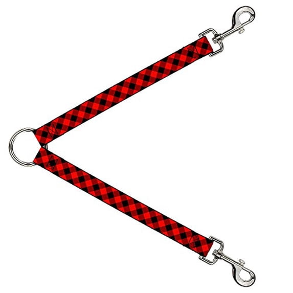 Buckle-Down Leash Splitter - Diagonal Buffalo Plaid Black Red - 1" Wide - 30" Length