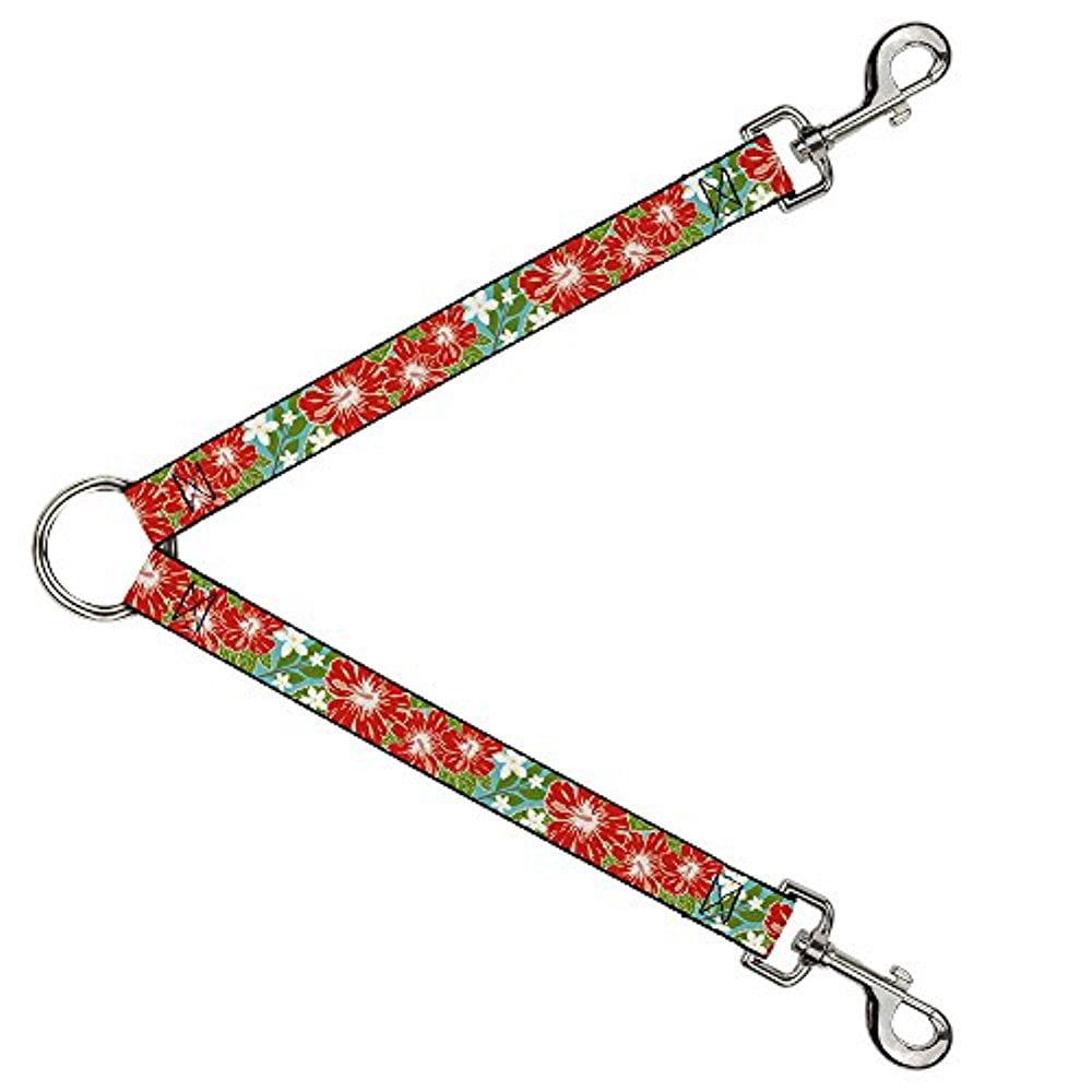 Buckle-Down Leash Splitter - Hibiscus & Plumerias Turquoise Green Red White - 1" Wide - 30" Length