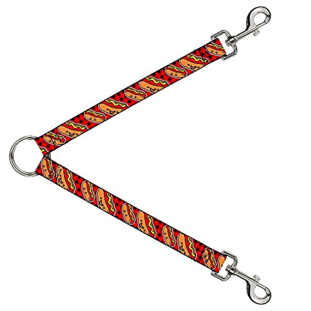 Buckle-Down Leash Splitter - Hot Dogs Buffalo Plaid Black Red - 1" Wide - 30" Length