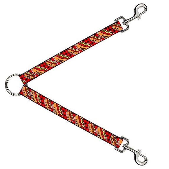 Buckle-Down Leash Splitter - Hot Dogs Buffalo Plaid Black Red - 1" Wide - 30" Length