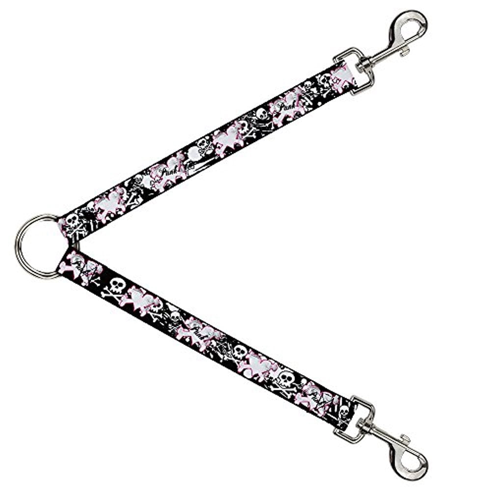Buckle-Down Leash Splitter - Punk Heart & Cross Bones w Skulls & Splatter Black White - 1" Wide - 30" Length