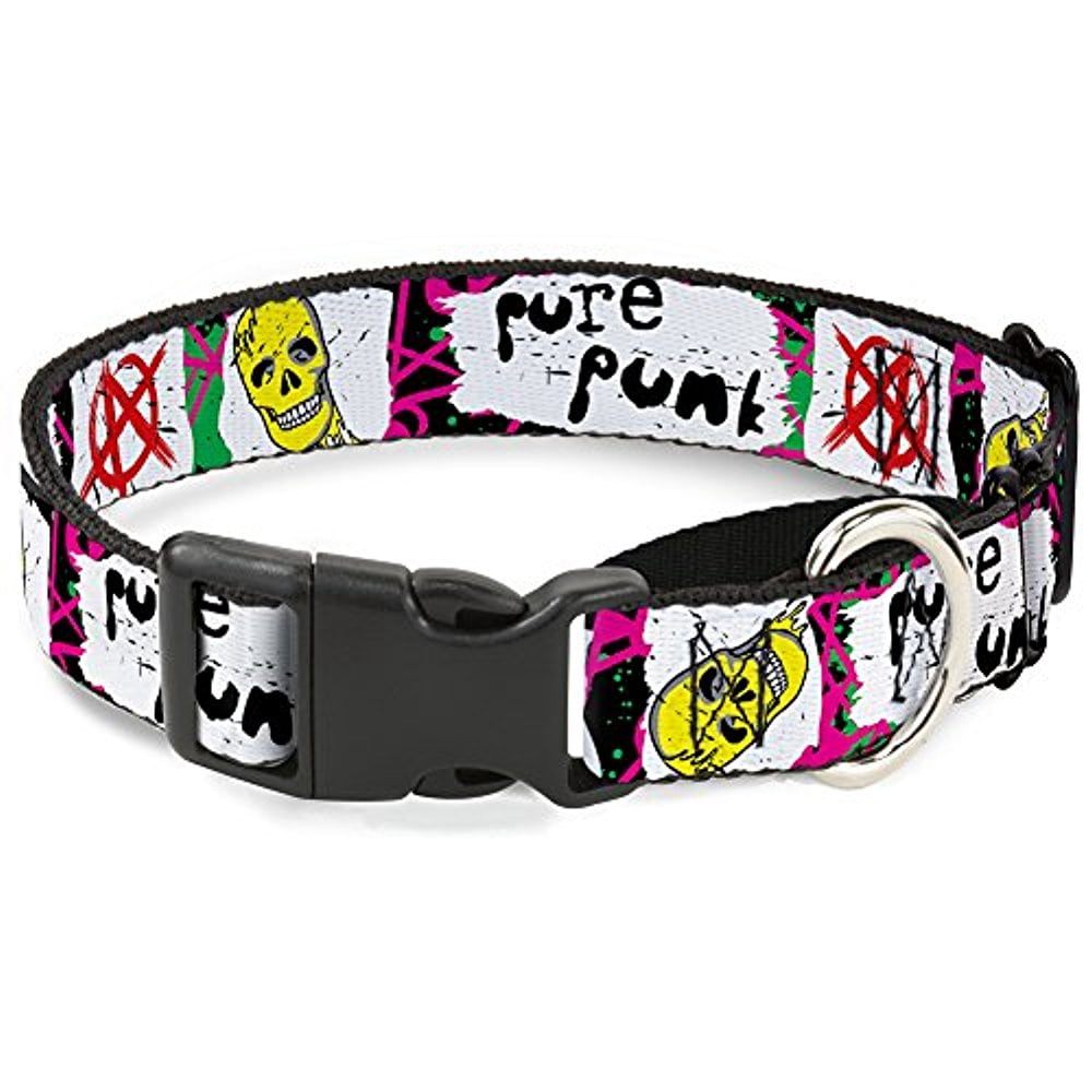 Buckle-Down Martingale Dog Collar - Pure Punk w Safety Pins Black Fuchsia White - 1" Wide - Fits 15-26" Neck Size