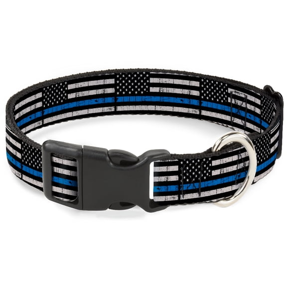 Buckle-Down Pet Collar, Dog Collar Plastic Buckle, Thin Blue Line Flag Weathered Black Gray Blue, 13 to 17 Inches 1.5 Inch Wide
