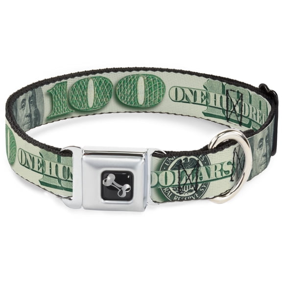 Buckle-Down Pet Collar, Dog Collar Metal Seatbelt Buckle, 100 Dollar Bill Close Up Triple Benjamin, 15 to 24 Inches 1.0 Inch Wide