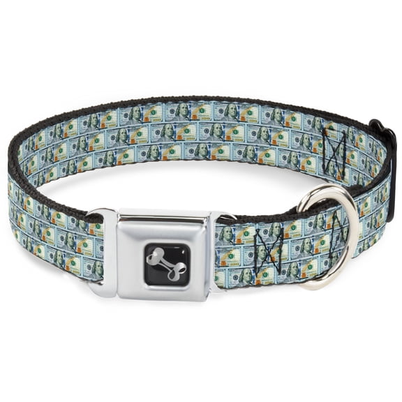Buckle-Down Pet Collar, Dog Collar Metal Seatbelt Buckle, 100 Dollar Bill Series 2009 Repeat, 11 to 16.5 Inches 1.0 Inch Wide