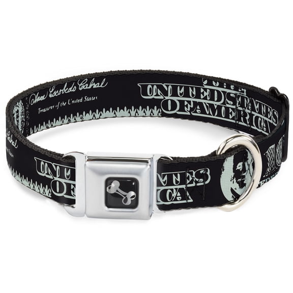 Buckle-Down Pet Collar, Dog Collar Metal Seatbelt Buckle, Americana One Hundred Dollar Bill Elements Black Gray, 15 to 24 Inches 1.0 Inch Wide