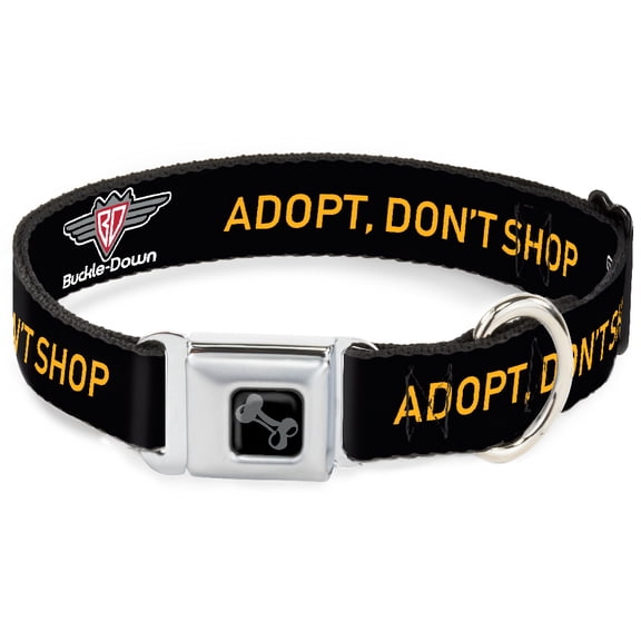 Buckle-Down Pet Collar, Dog Collar Metal Seatbelt Buckle, Buckle Down Logo Adopt Dont Shop Black Yellow, 11 to 16.5 Inches 1.0 Inch Wide