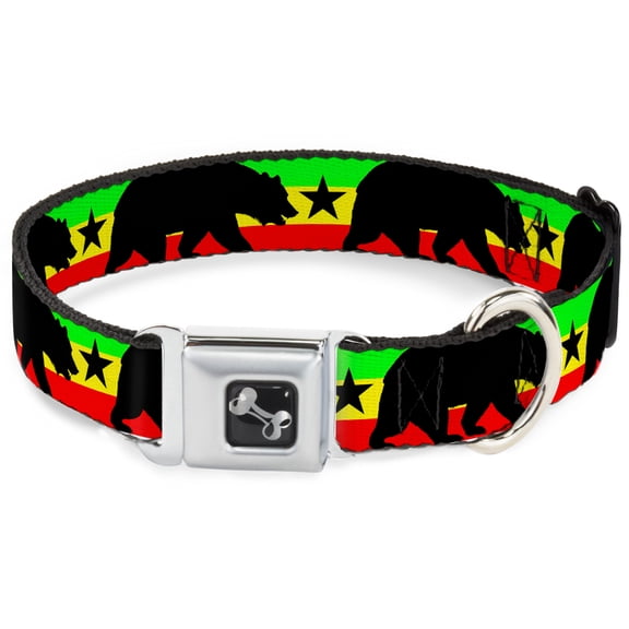 Buckle-Down Pet Collar, Dog Collar Metal Seatbelt Buckle, Cali Bear Star Silhouette Rasta Black, 9.5 to 13 Inches 1.0 Inch Wide