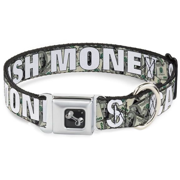 Buckle-Down Pet Collar, Dog Collar Metal Seatbelt Buckle, Cash Money Dollar Bills White Fill, 15 to 24 Inches 1.0 Inch Wide