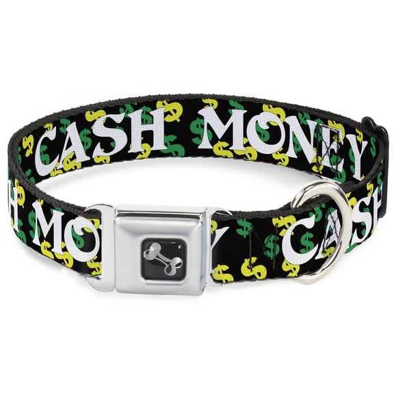 Buckle-Down Pet Collar, Dog Collar Metal Seatbelt Buckle, Cash Money Dollar Black White Yellow Green, 15 to 24 Inches 1.0 Inch Wide