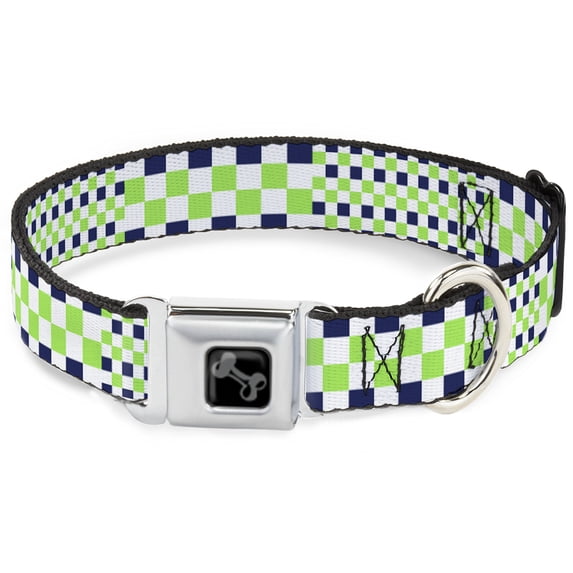 Buckle-Down Pet Collar, Dog Collar Metal Seatbelt Buckle, Checker Blocks White Navy Neon Green, 20 to 31 Inches 1.5 Inch Wide