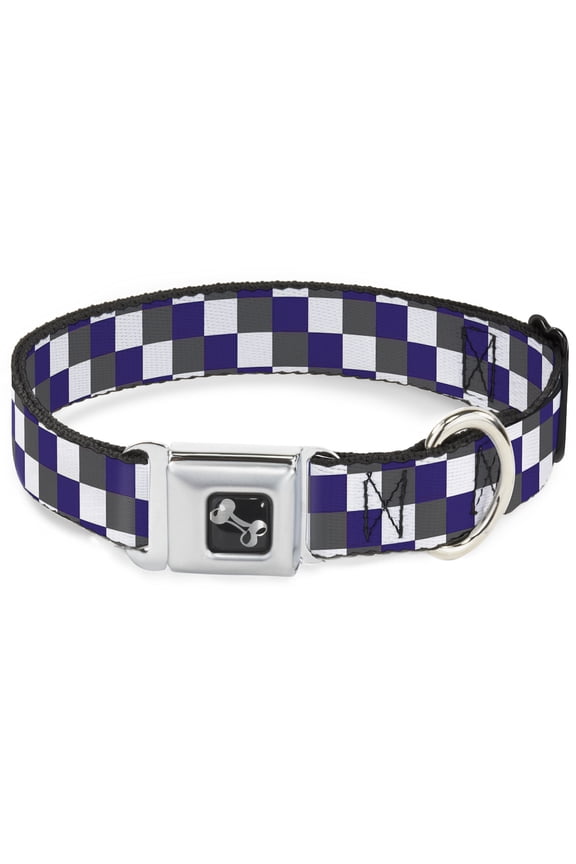 Pet Collar, Dog Collar Metal Seatbelt Buckle, Checker Gray Purple White, 15 to 24 Inches 1.0 Inch Wide
