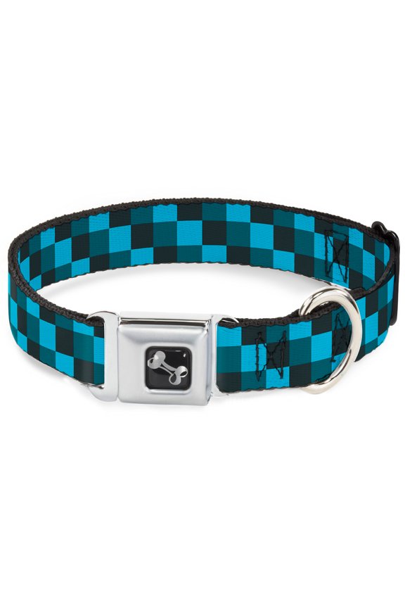 Pet Collar, Dog Collar Metal Seatbelt Buckle, Checker Trio Baby Blue Black Turquoise, 9.5 to 13 Inches 1.0 Inch Wide