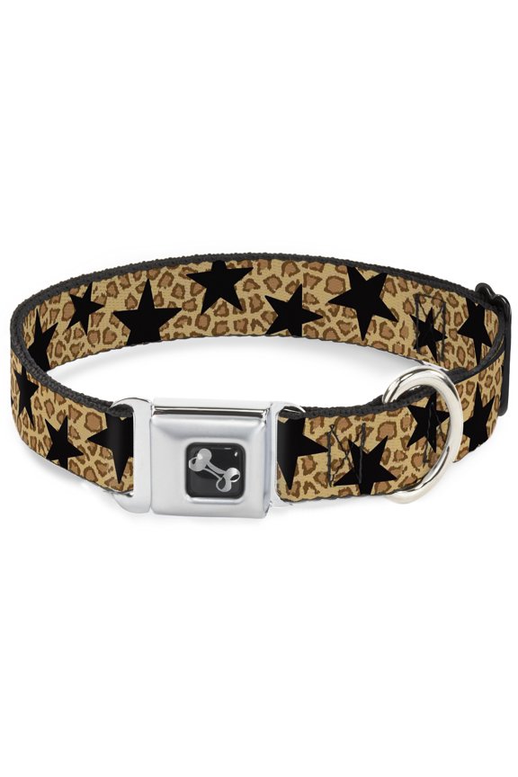 Pet Collar, Dog Collar Metal Seatbelt Buckle, Cheetah Stars Tan Black, 16 to 23 Inches 1.5 Inch Wide