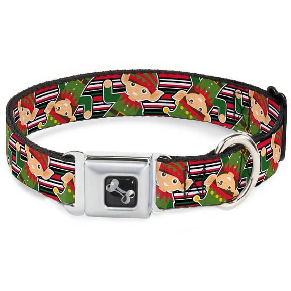 Buckle-Down Pet Collar, Dog Collar Metal Seatbelt Buckle, Christmas Elves Stripes Black Red White Green, 16 to 23 Inches 1.5 Inch Wide