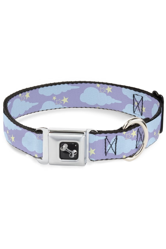 Pet Collar, Dog Collar Metal Seatbelt Buckle, Cloudy Starry Sky Lavender Blue Yellow, 9.5 to 13 Inches 1.0 Inch Wide
