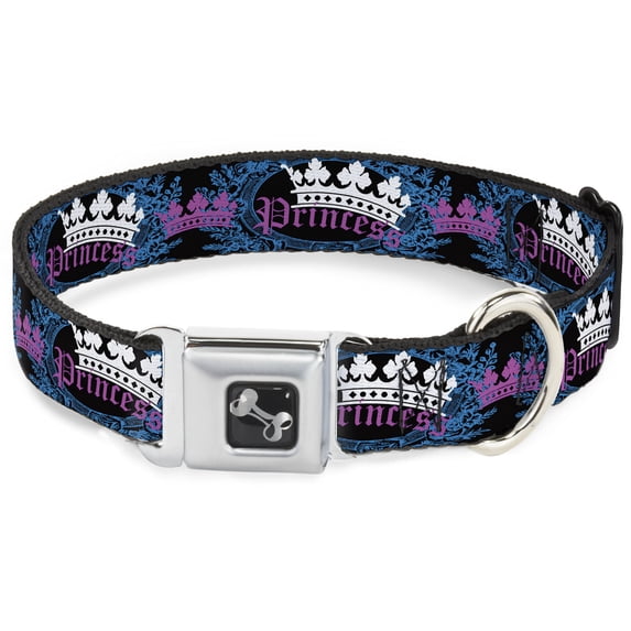 Buckle-Down Pet Collar, Dog Collar Metal Seatbelt Buckle, Crown Princess Oval Black Turquoise, 11 to 16.5 Inches 1.0 Inch Wide