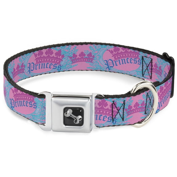 Buckle-Down Pet Collar, Dog Collar Metal Seatbelt Buckle, Crown Princess Oval Pink Turquoise, 9.5 to 13 Inches 1.0 Inch Wide