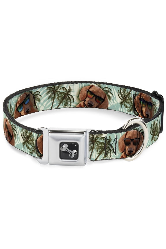 Pet Collar, Dog Collar Metal Seatbelt Buckle, Dachshund In Shades Palm Trees, 13 to 17 Inches 1.5 Inch Wide
