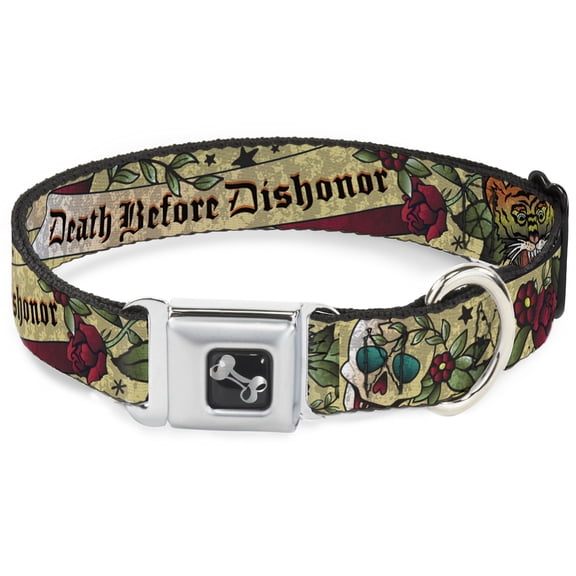 Buckle-Down Pet Collar, Dog Collar Metal Seatbelt Buckle, Death Before Dishonor Tan, 9.5 to 13 Inches 1.0 Inch Wide