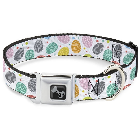 Buckle-Down Pet Collar, Dog Collar Metal Seatbelt Buckle, Easter Eggs Decorated Eggs Scattered White Multi Color, 15 to 24 Inches 1.0 Inch Wide