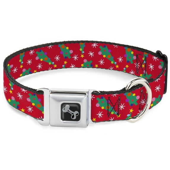 Buckle-Down Pet Collar, Dog Collar Metal Seatbelt Buckle, Festive Holiday Christmas Trees Scattered Red Multi Color, 15 to 24 Inches 1.0 Inch Wide