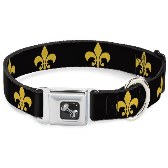 Buckle-Down Pet Collar, Dog Collar Metal Seatbelt Buckle, Fleur De Lis Black Yellow, 15 to 24 Inches 1.0 Inch Wide