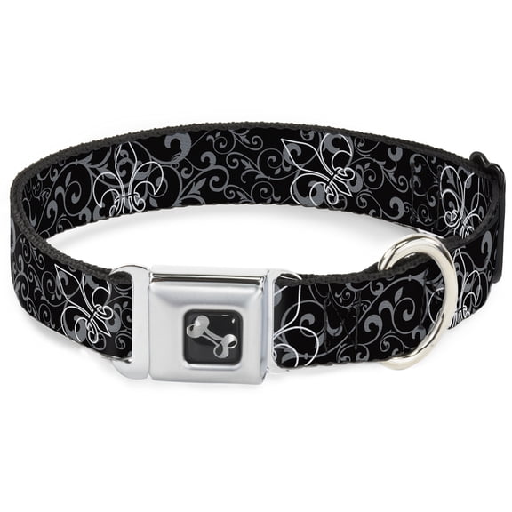 Buckle-Down Pet Collar, Dog Collar Metal Seatbelt Buckle, Fleur De Lis Outline Filigree Black Gray, 15 to 24 Inches 1.0 Inch Wide