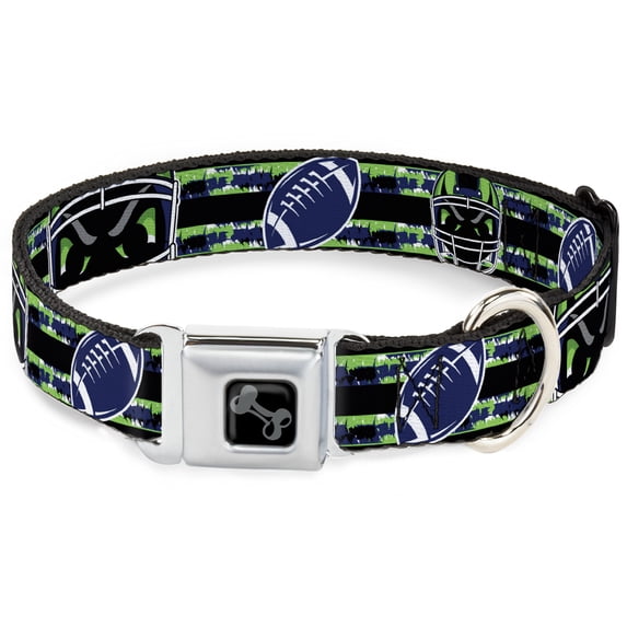 Buckle-Down Pet Collar, Dog Collar Metal Seatbelt Buckle, Football Helmet Stripe Black Neon Green Blue, 16 to 23 Inches 1.5 Inch Wide
