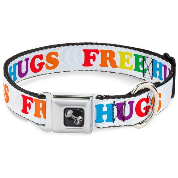 Buckle-Down Pet Collar, Dog Collar Metal Seatbelt Buckle, Free Hugs White Multi Color, 16 to 23 Inches 1.5 Inch Wide