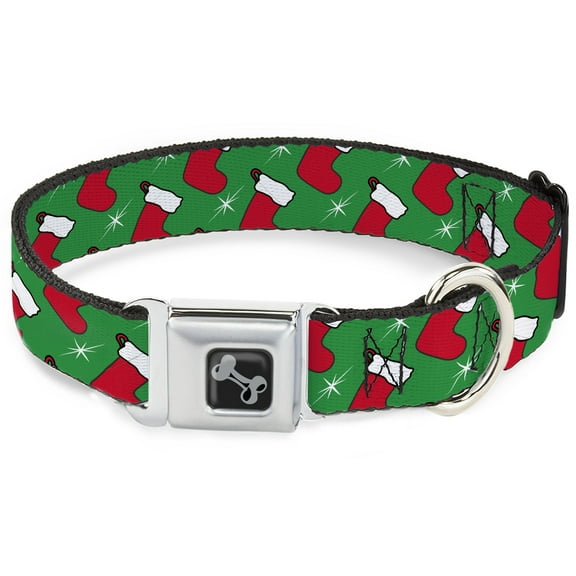 Buckle-Down Pet Collar, Dog Collar Metal Seatbelt Buckle, Holiday Christmas Stocking and Star Green Whitered, 9.5 to 13 Inches 1.0 Inch Wide