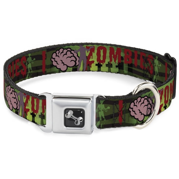 Buckle-Down Pet Collar, Dog Collar Metal Seatbelt Buckle, I Brain Zombies Black Green Red, 15 to 24 Inches 1.0 Inch Wide