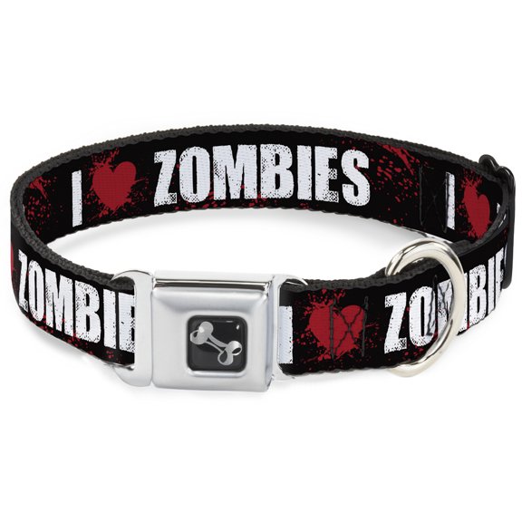 Buckle-Down Pet Collar, Dog Collar Metal Seatbelt Buckle, I Heart Zombies Black White Red Splatter, 15 to 24 Inches 1.0 Inch Wide