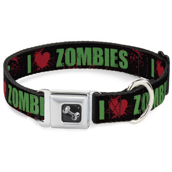 Buckle-Down Pet Collar, Dog Collar Metal Seatbelt Buckle, I Heart Zombies Bold Splatter Black Green Red, 15 to 24 Inches 1.0 Inch Wide