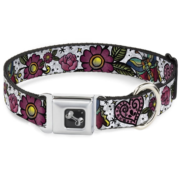 Buckle-Down Pet Collar, Dog Collar Metal Seatbelt Buckle, Love Kills Close Up White, 16 to 23 Inches 1.5 Inch Wide