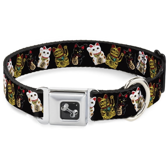 Buckle-Down Pet Collar, Dog Collar Metal Seatbelt Buckle, Maneki Neko Lucky Cats Gold Black White, 9.5 to 13 Inches 1.0 Inch Wide