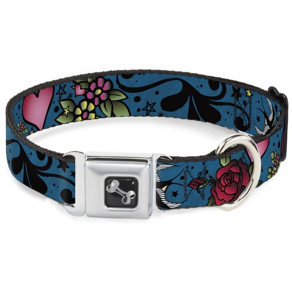 Buckle-Down Pet Collar, Dog Collar Metal Seatbelt Buckle, Mom Dad Close Up Blue Sparrows, 9.5 to 13 Inches 1.0 Inch Wide