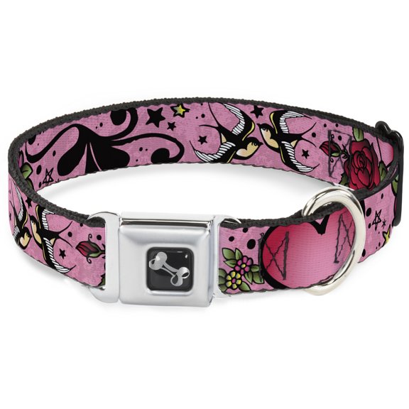 Buckle-Down Pet Collar, Dog Collar Metal Seatbelt Buckle, Mom Dad Close Up Pink Sparrows, 15 to 24 Inches 1.0 Inch Wide