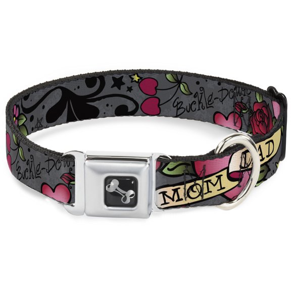 Buckle-Down Pet Collar, Dog Collar Metal Seatbelt Buckle, Mom Dad Gray, 13 to 17 Inches 1.5 Inch Wide