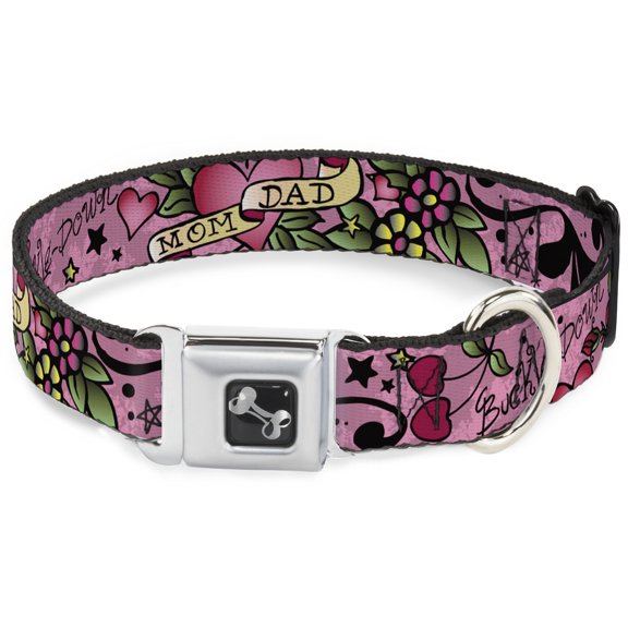 Buckle-Down Pet Collar, Dog Collar Metal Seatbelt Buckle, Mom Dad Pink, 15 to 24 Inches 1.0 Inch Wide