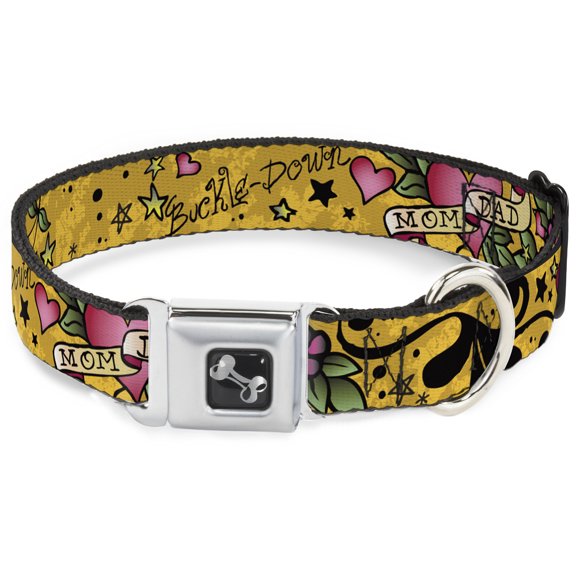 Buckle-Down Pet Collar, Dog Collar Metal Seatbelt Buckle, Mom Dad Yellow, 11 to 16.5 Inches 1.0 Inch Wide