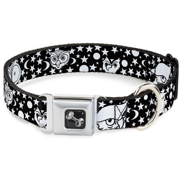 Buckle-Down Pet Collar, Dog Collar Metal Seatbelt Buckle, Owl Expressions Black White, 9.5 to 13 Inches 1.0 Inch Wide