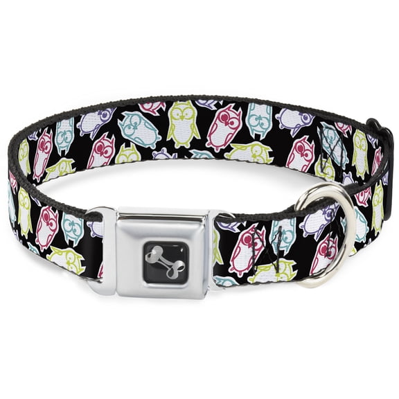Buckle-Down Pet Collar, Dog Collar Metal Seatbelt Buckle, Owl Sketch Black White Multi Color, 9.5 to 13 Inches 1.0 Inch Wide