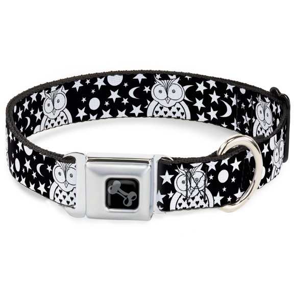 Buckle-Down Pet Collar, Dog Collar Metal Seatbelt Buckle, Owls Black White, 15 to 24 Inches 1.0 Inch Wide