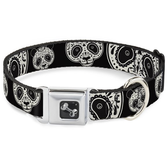 Buckle-Down Pet Collar, Dog Collar Metal Seatbelt Buckle, Panda Bear Sugar Skull Close Up Scattered Black Cream, 11 to 16.5 Inches 1.0 Inch Wide