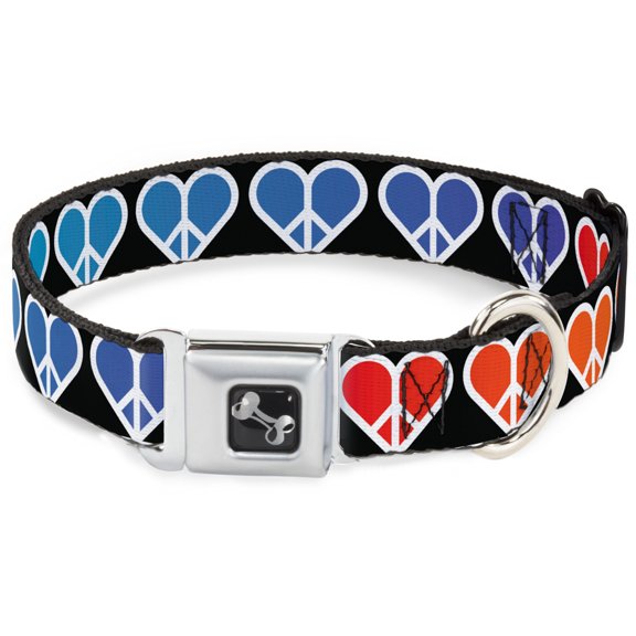 Buckle-Down Pet Collar, Dog Collar Metal Seatbelt Buckle, Peace Hearts Repeat Fill Black Rainbow, 15 to 24 Inches 1.0 Inch Wide